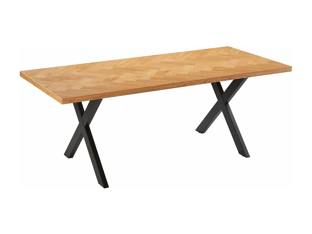 Table à manger FILAR avec plateau chevron finition chêne et pieds métal noir - 200x90 cm - Bois