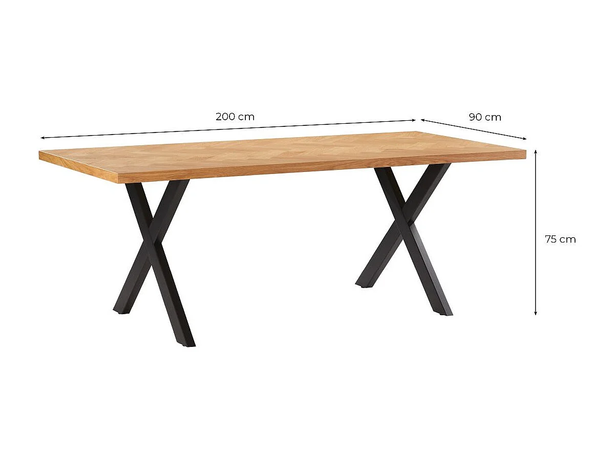 Table à manger FILAR avec plateau chevron finition chêne et pieds métal noir - 200x90 cm - Bois