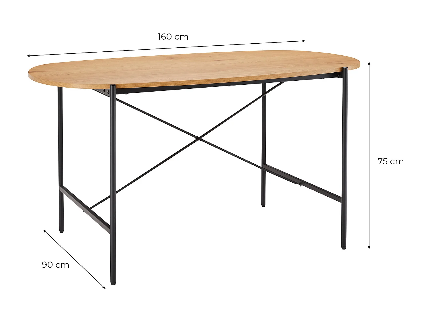 Table à manger BRODIE avec finition chêne et pieds métal noirs - 160x90 cm - Bois