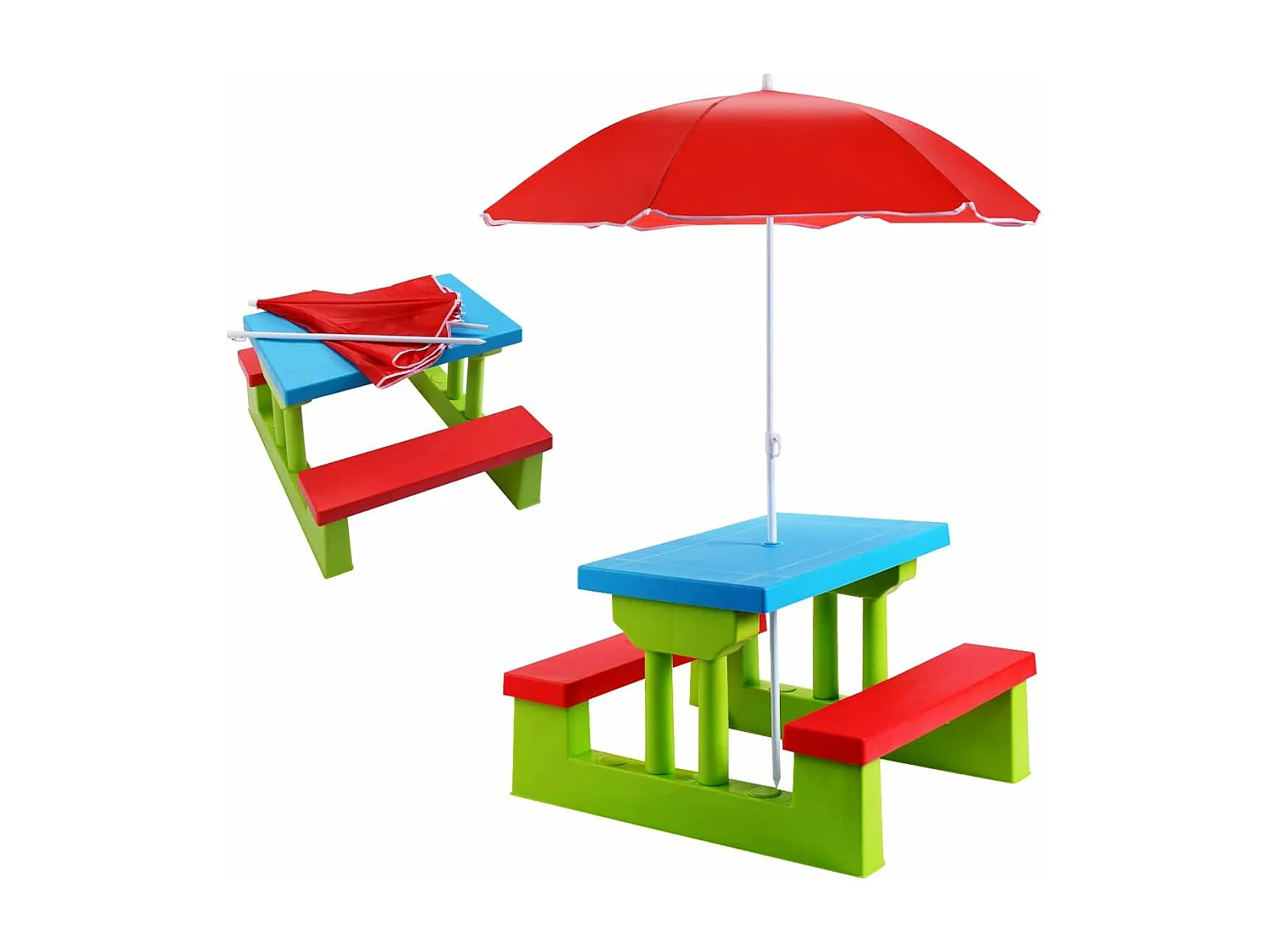 Table de Pique-Nique Enfants avec Parasol Amovible 106 x 106 x 181 CM, Salon de Jardin Enfants avec 1 Table et 2 Bancs Colorées