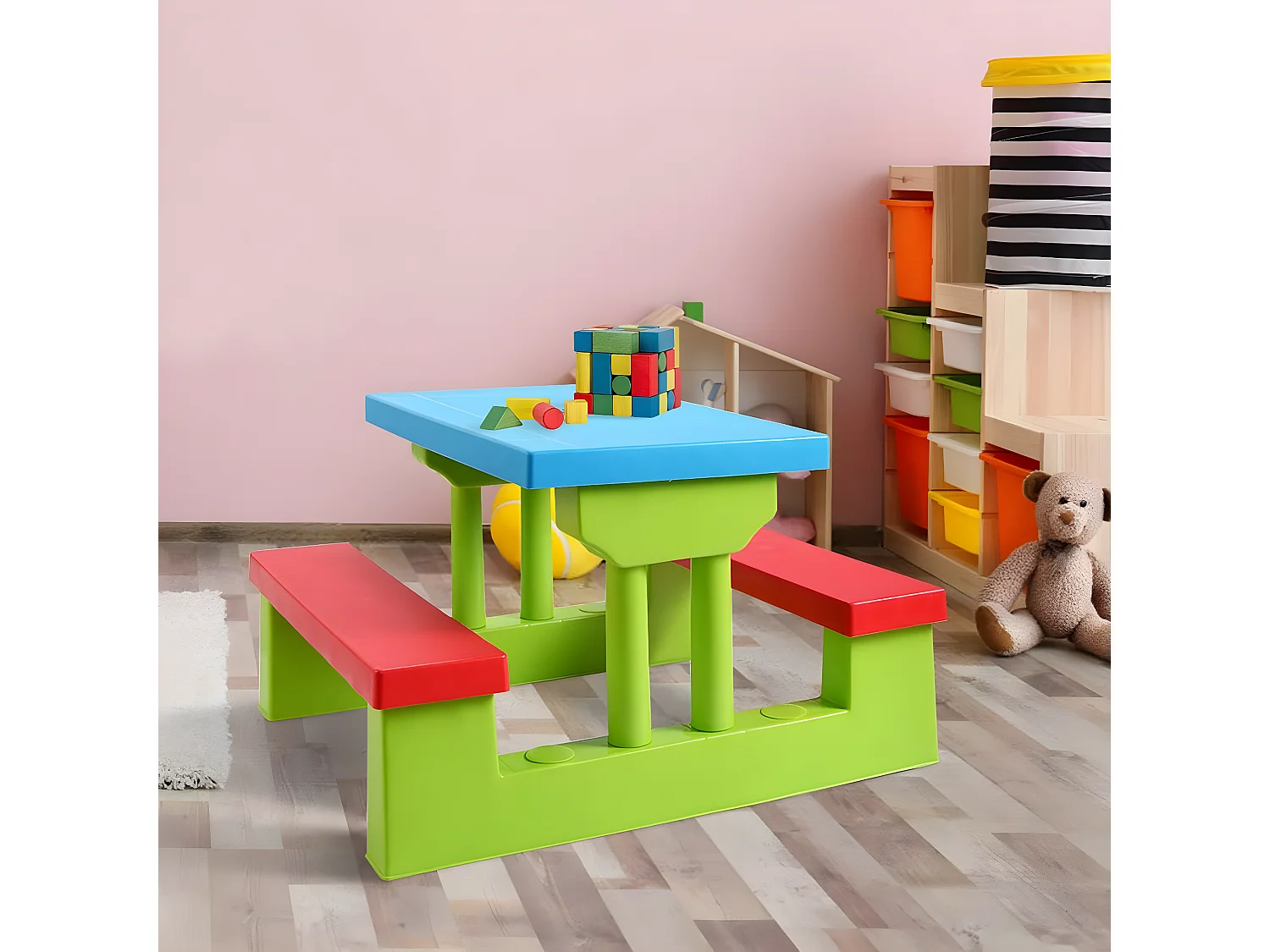 Table de Pique-Nique Enfants avec Parasol Amovible 106 x 106 x 181 CM, Salon de Jardin Enfants avec 1 Table et 2 Bancs Colorées