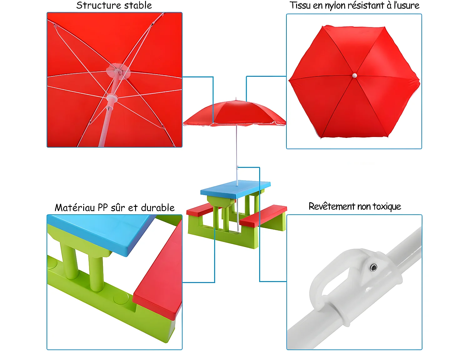 Table de Pique-Nique Enfants avec Parasol Amovible 106 x 106 x 181 CM, Salon de Jardin Enfants avec 1 Table et 2 Bancs Colorées