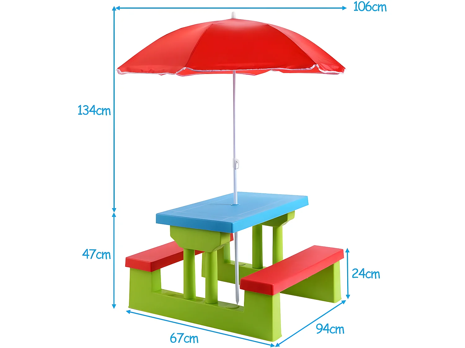 Table de Pique-Nique Enfants avec Parasol Amovible 106 x 106 x 181 CM, Salon de Jardin Enfants avec 1 Table et 2 Bancs Colorées
