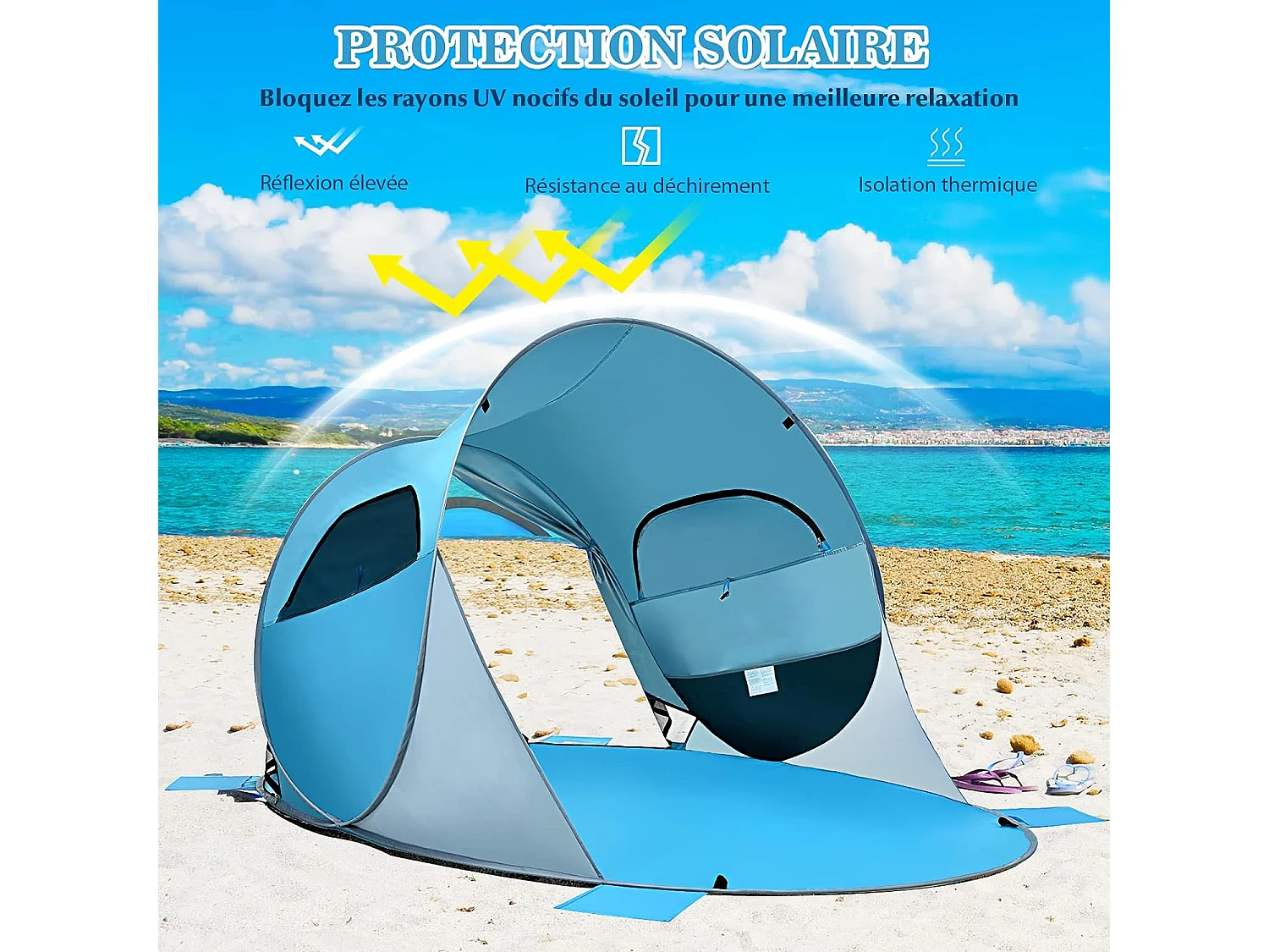 Tente de Plage Pliable Pop-up Automatique Instantanée 3-4 Personnes Anti UV 220x159x115cm avec 8 Sardines 4 Cordes d’Ancrage