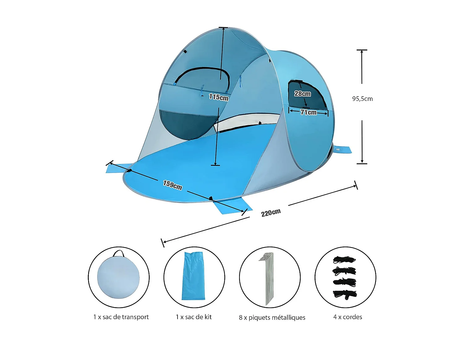 Tente de Plage Pliable Pop-up Automatique Instantanée 3-4 Personnes Anti UV 220x159x115cm avec 8 Sardines 4 Cordes d’Ancrage