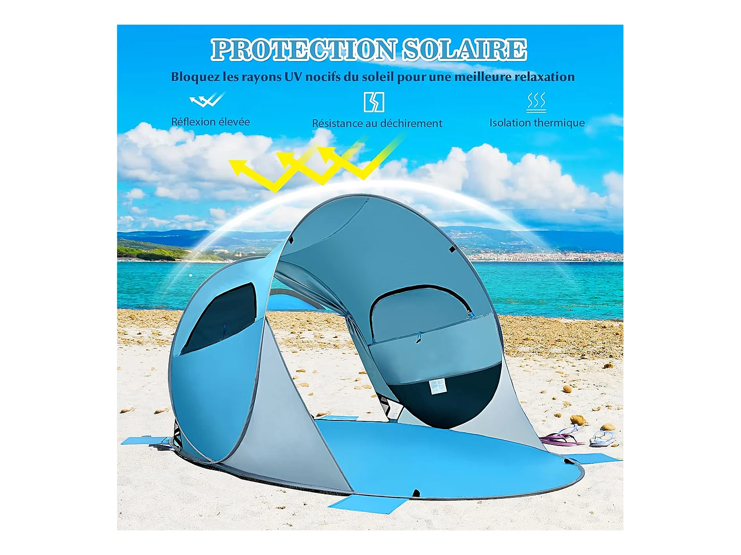 Tente de Plage Pliable Pop-up Automatique Instantanée 3-4 Personnes Anti UV 220x159x115cm avec 8 Sardines 4 Cordes d’Ancrage