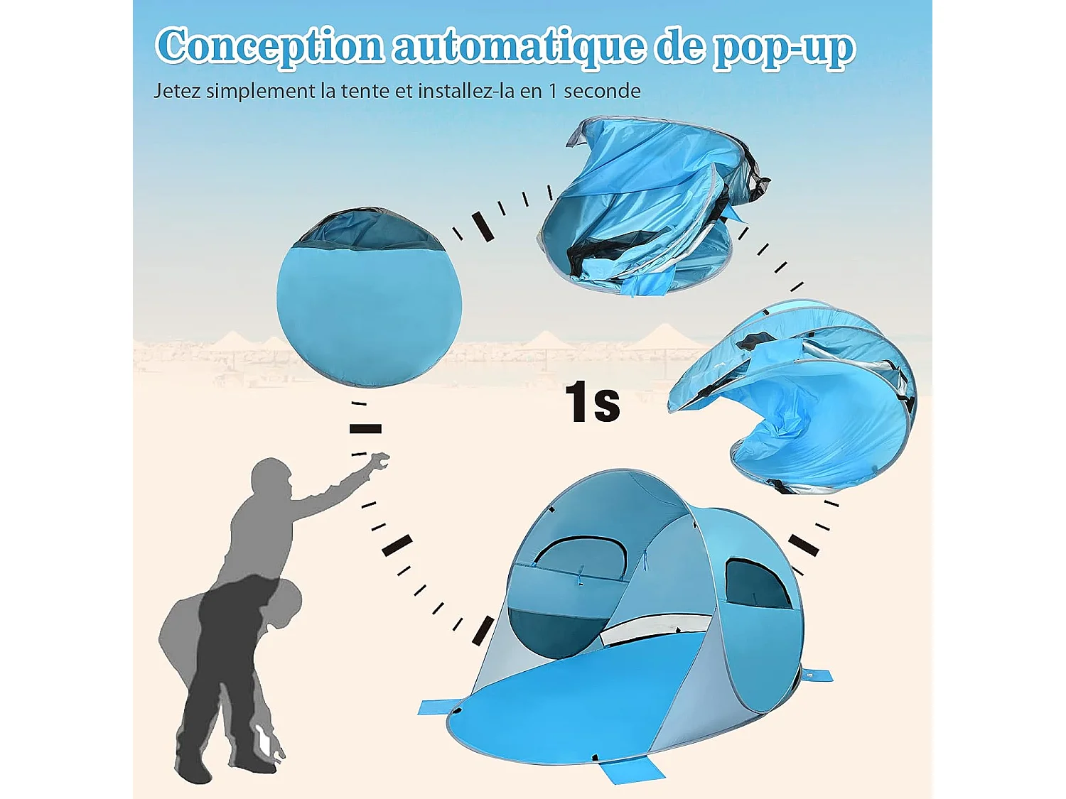 Tente de Plage Pliable Pop-up Automatique Instantanée 3-4 Personnes Anti UV 220x159x115cm avec 8 Sardines 4 Cordes d’Ancrage