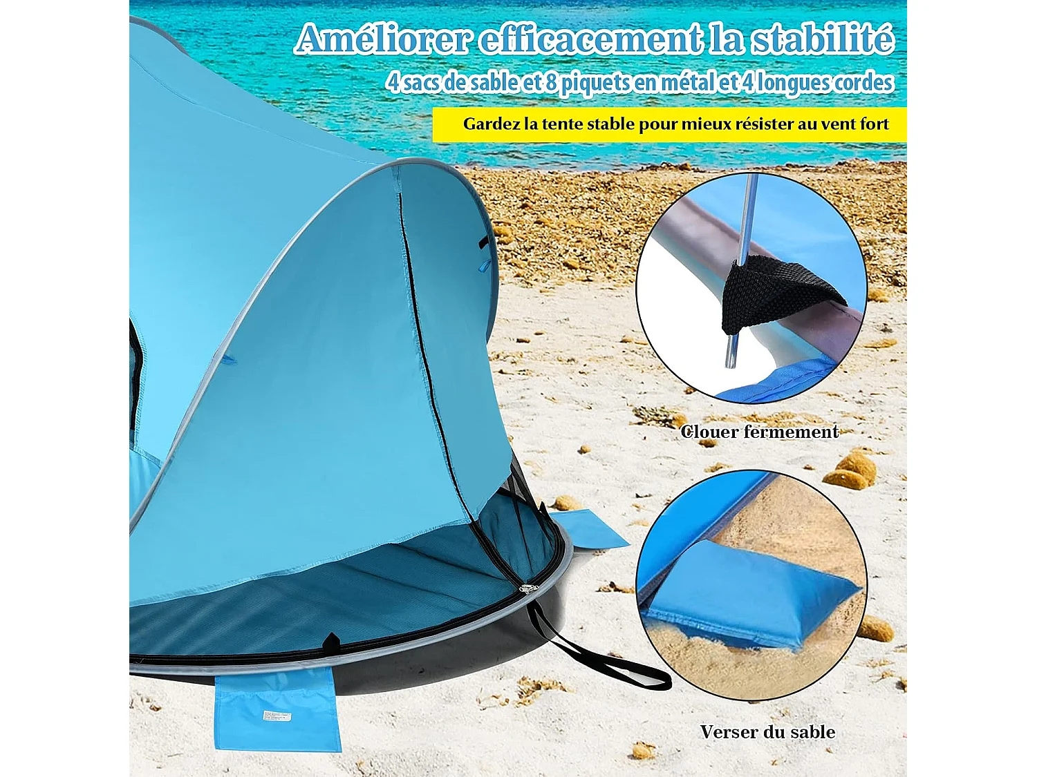Tente de Plage Pliable Pop-up Automatique Instantanée 3-4 Personnes Anti UV 220x159x115cm avec 8 Sardines 4 Cordes d’Ancrage