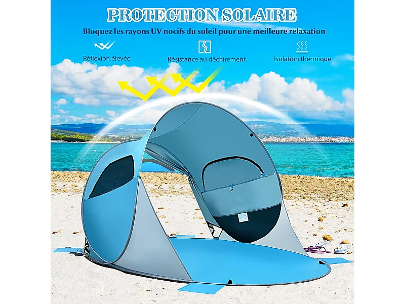 Tente de Plage Pliable Pop-up Automatique Instantanée 3-4 Personnes Anti UV 220x159x115cm avec 8 Sardines 4 Cordes d’Ancrage