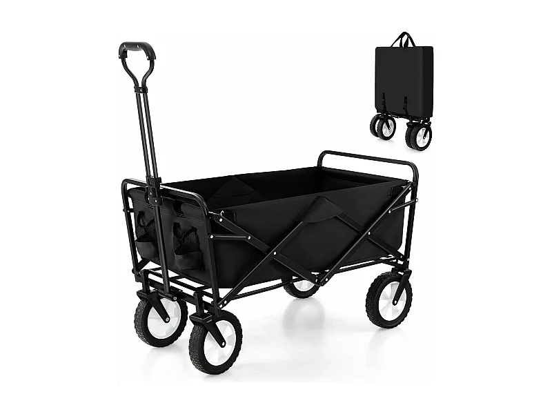 Chariot de Plage Pliable 82 L, Chariot de Transport avec Poignée Réglable et Porte-Boissons Charge 68 kg, Chariot Utilitaire Extérieur pour Jardin Camping Pêche (Noir)