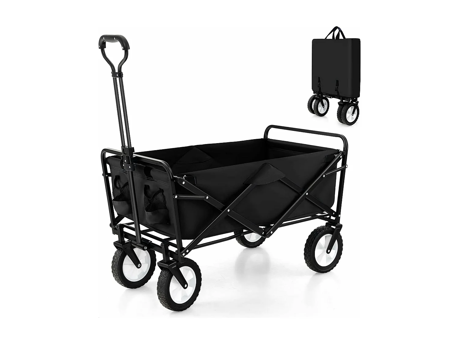 Chariot de Plage Pliable 82 L, Chariot de Transport avec Poignée Réglable et Porte-Boissons Charge 68 kg, Chariot Utilitaire Extérieur pour Jardin Camping Pêche (Noir)