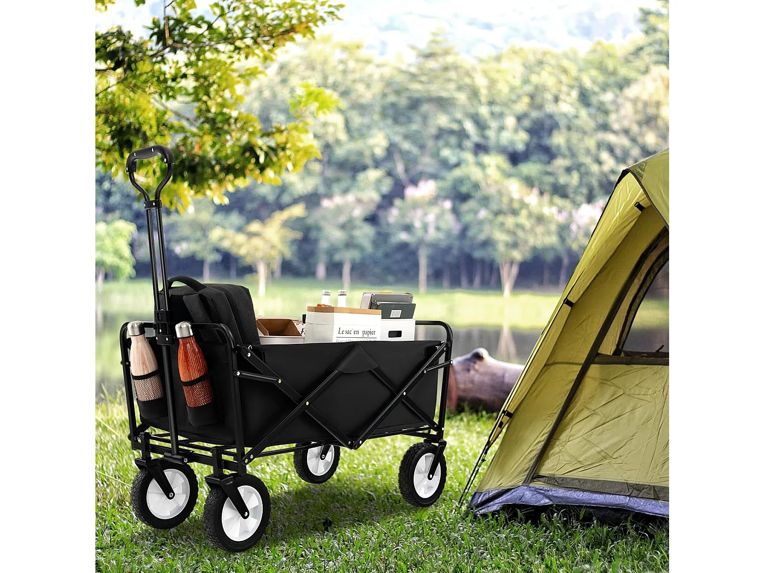 Chariot de Plage Pliable 82 L, Chariot de Transport avec Poignée Réglable et Porte-Boissons Charge 68 kg, Chariot Utilitaire Extérieur pour Jardin Camping Pêche (Noir)