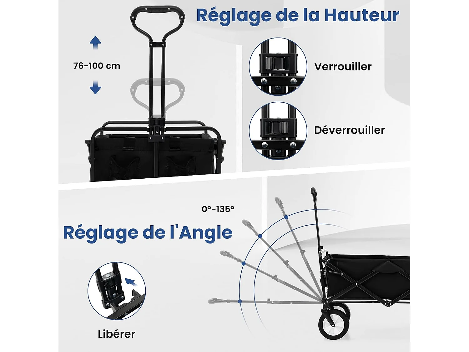Chariot de Plage Pliable 82 L, Chariot de Transport avec Poignée Réglable et Porte-Boissons Charge 68 kg, Chariot Utilitaire Extérieur pour Jardin Camping Pêche (Noir)
