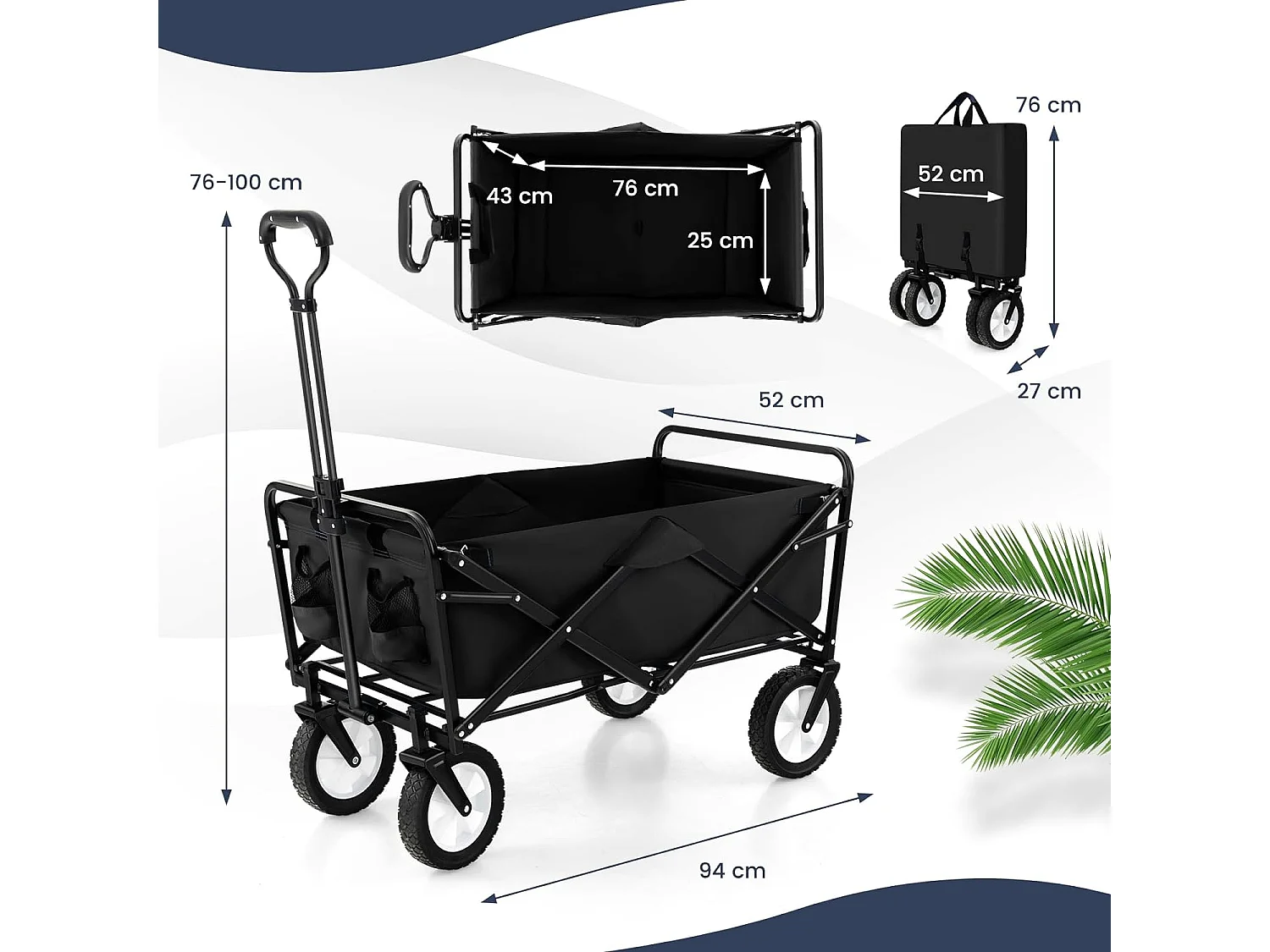 Chariot de Plage Pliable 82 L, Chariot de Transport avec Poignée Réglable et Porte-Boissons Charge 68 kg, Chariot Utilitaire Extérieur pour Jardin Camping Pêche (Noir)