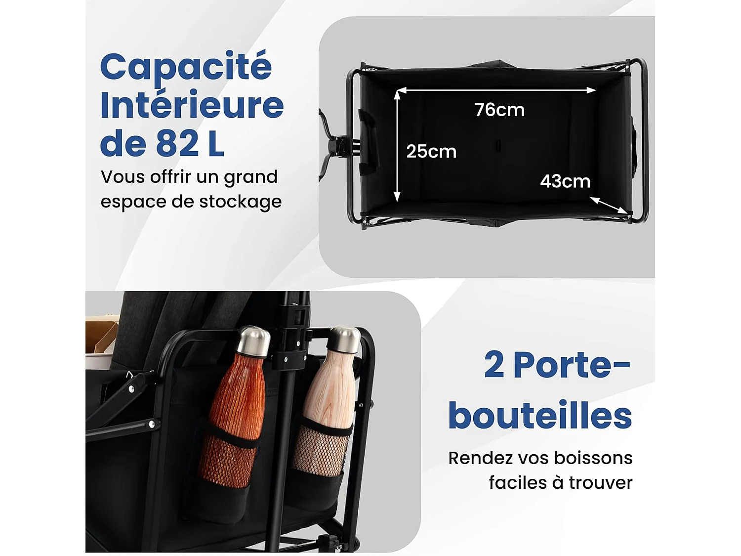 Chariot de Plage Pliable 82 L, Chariot de Transport avec Poignée Réglable et Porte-Boissons Charge 68 kg, Chariot Utilitaire Extérieur pour Jardin Camping Pêche (Noir)