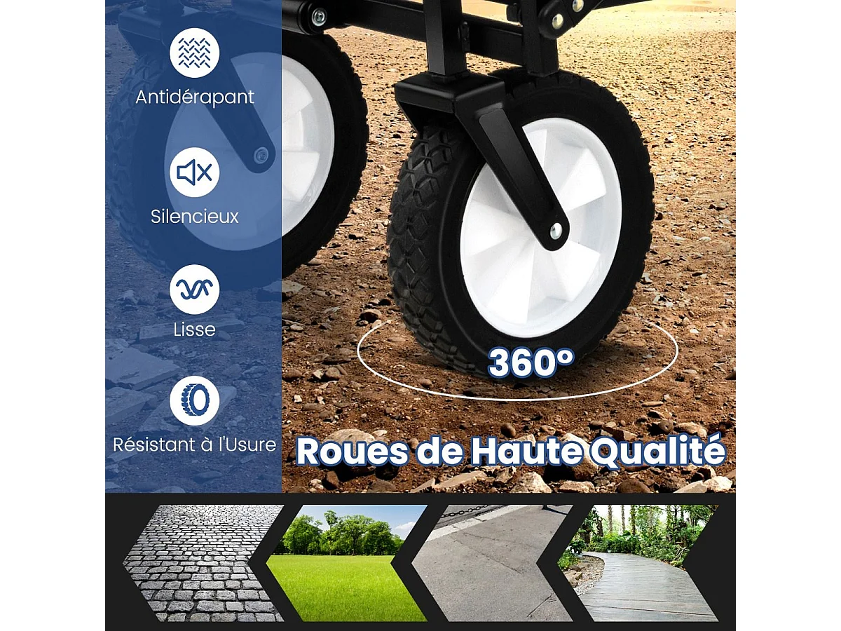 Chariot de Plage Pliable 82 L, Chariot de Transport avec Poignée Réglable et Porte-Boissons Charge 68 kg, Chariot Utilitaire Extérieur pour Jardin Camping Pêche (Noir)