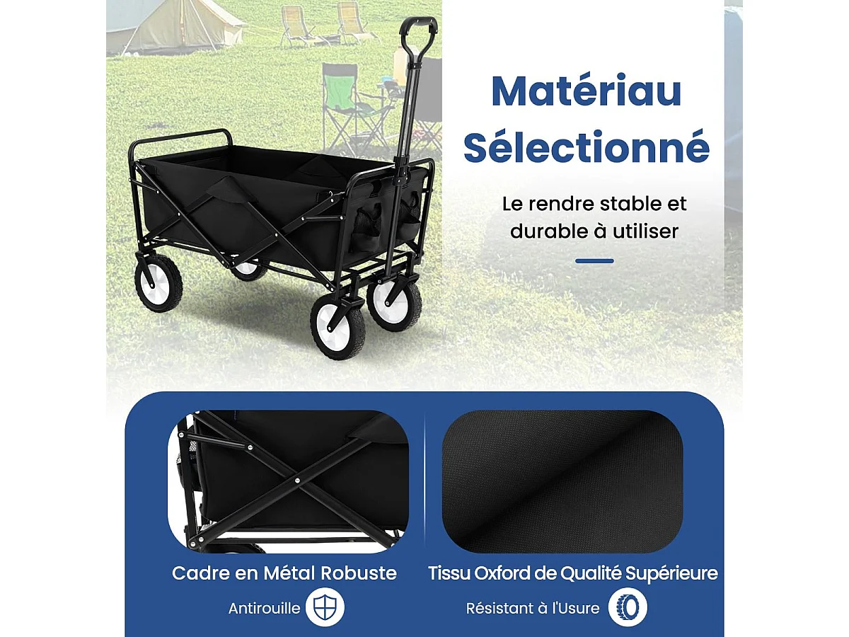 Chariot de Plage Pliable 82 L, Chariot de Transport avec Poignée Réglable et Porte-Boissons Charge 68 kg, Chariot Utilitaire Extérieur pour Jardin Camping Pêche (Noir)
