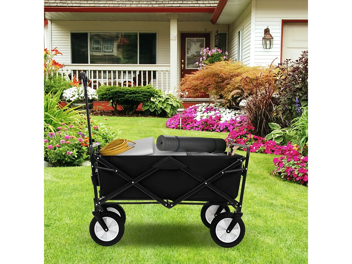 Chariot de Plage Pliable 82 L, Chariot de Transport avec Poignée Réglable et Porte-Boissons Charge 68 kg, Chariot Utilitaire Extérieur pour Jardin Camping Pêche (Noir)