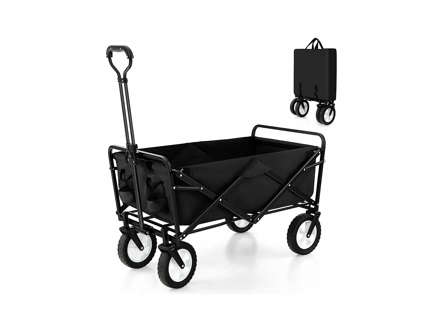 Chariot de Plage Pliable 82 L, Chariot de Transport avec Poignée Réglable et Porte-Boissons Charge 68 kg, Chariot Utilitaire Extérieur pour Jardin Camping Pêche (Noir)