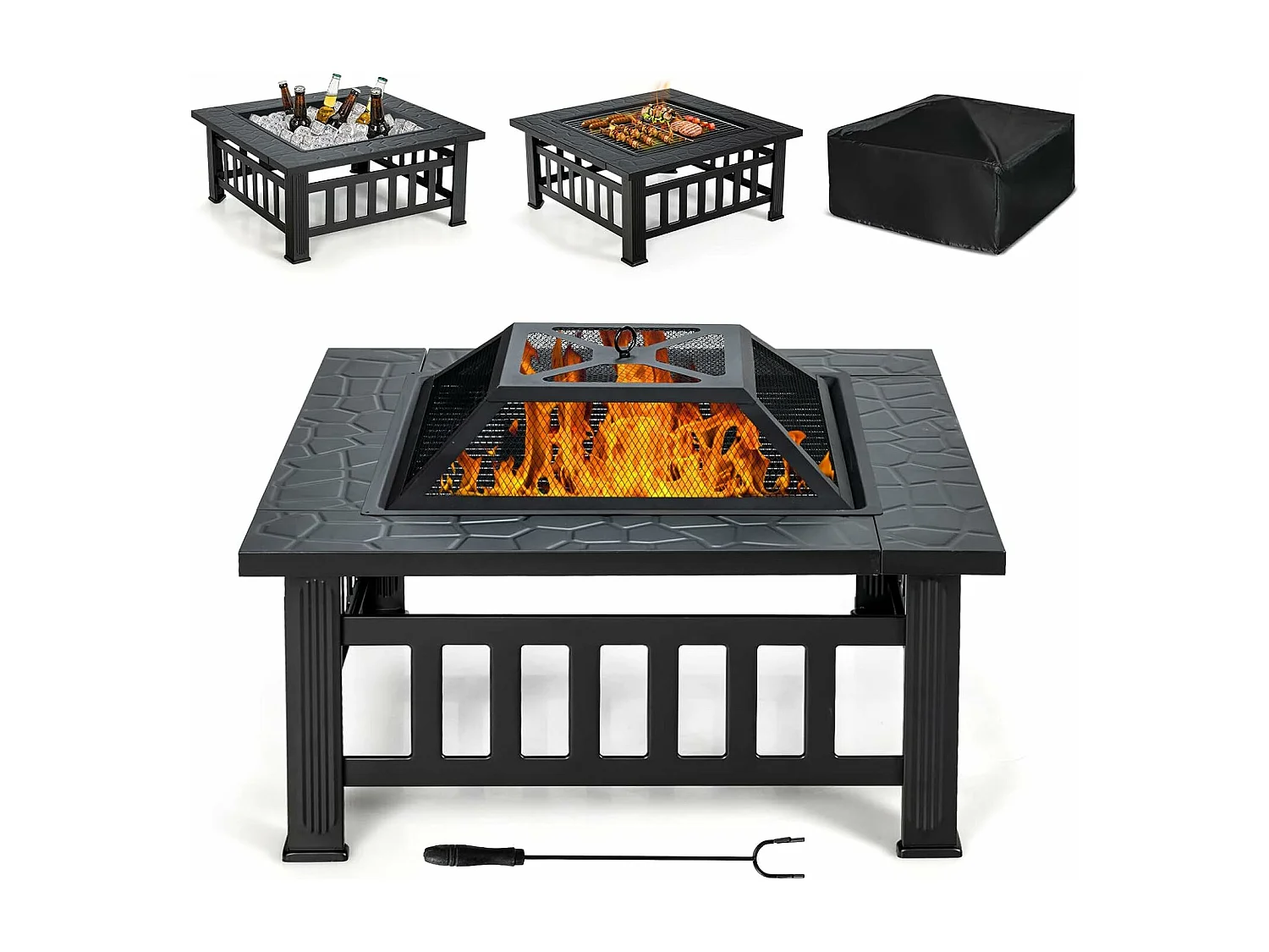 Brasero Jardin Multifonctions 81 x 81 x 50 cm avec Pare-étincelles,Grille Porte-bûches,Gril pour BBQ Tisonnier en Acier Noir