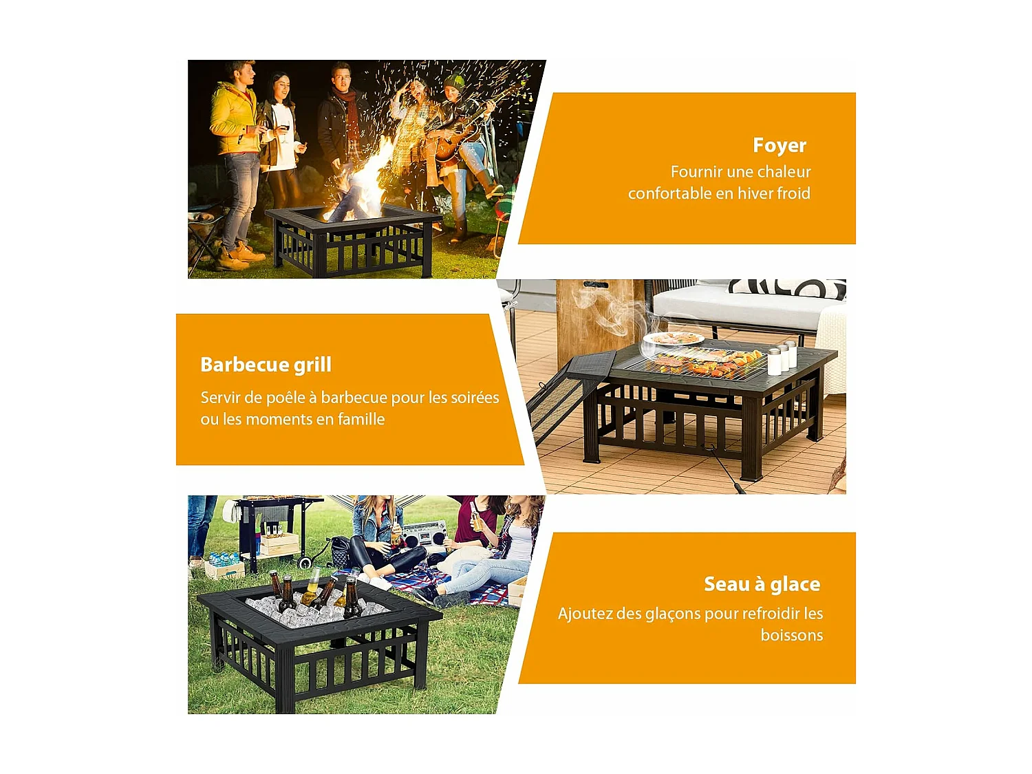 Brasero Jardin Multifonctions 81 x 81 x 50 cm avec Pare-étincelles,Grille Porte-bûches,Gril pour BBQ Tisonnier en Acier Noir