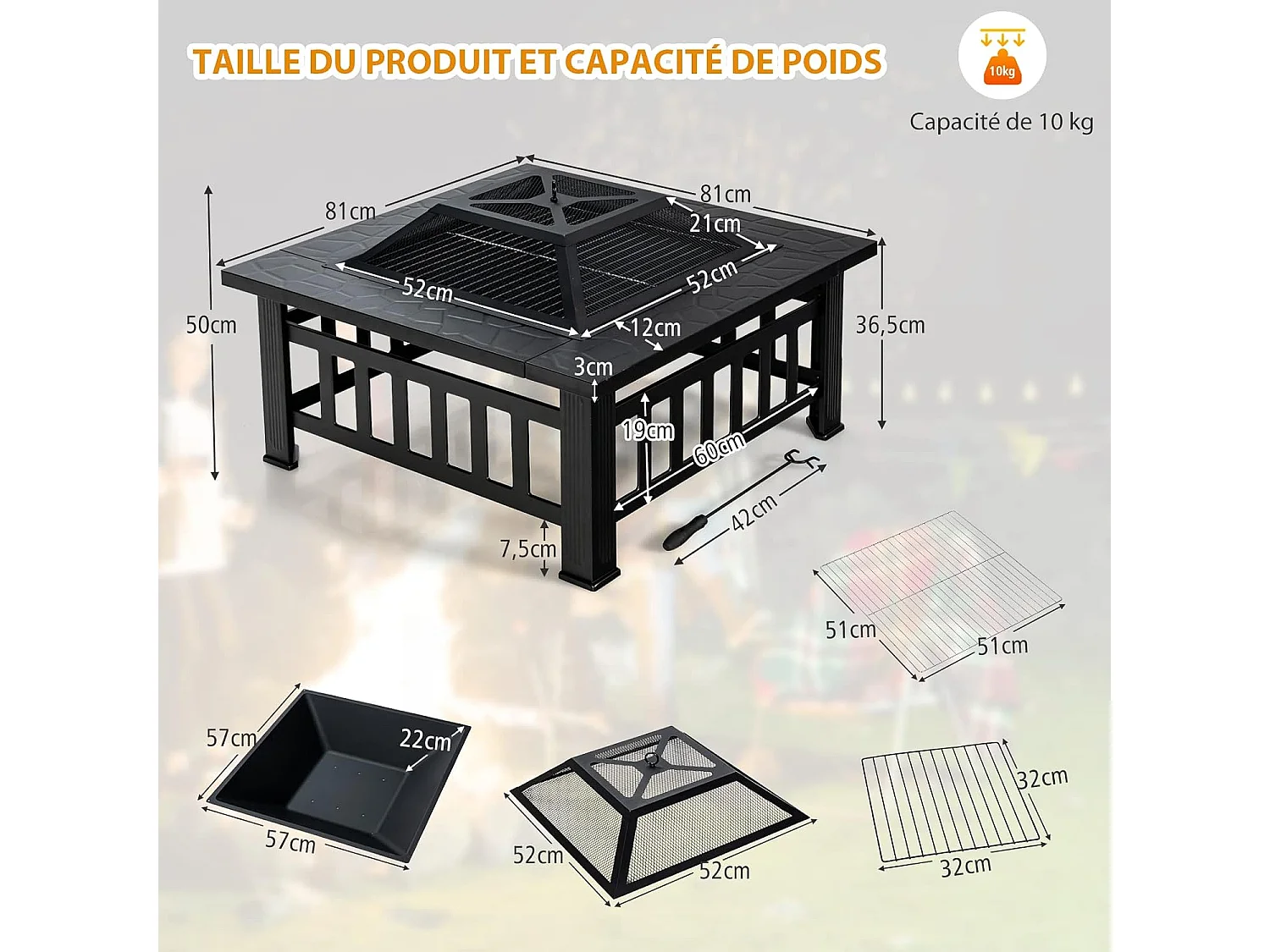 Brasero Jardin Multifonctions 81 x 81 x 50 cm avec Pare-étincelles,Grille Porte-bûches,Gril pour BBQ Tisonnier en Acier Noir
