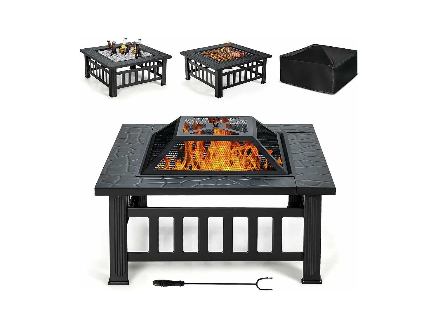 Brasero Jardin Multifonctions 81 x 81 x 50 cm avec Pare-étincelles,Grille Porte-bûches,Gril pour BBQ Tisonnier en Acier Noir
