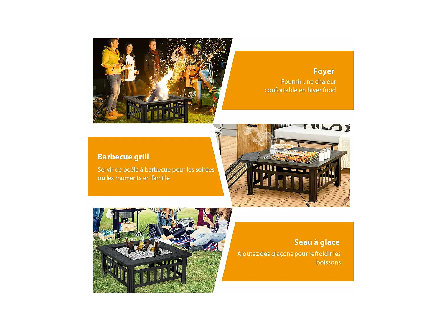 Brasero Jardin Multifonctions 81 x 81 x 50 cm avec Pare-étincelles,Grille Porte-bûches,Gril pour BBQ Tisonnier en Acier Noir