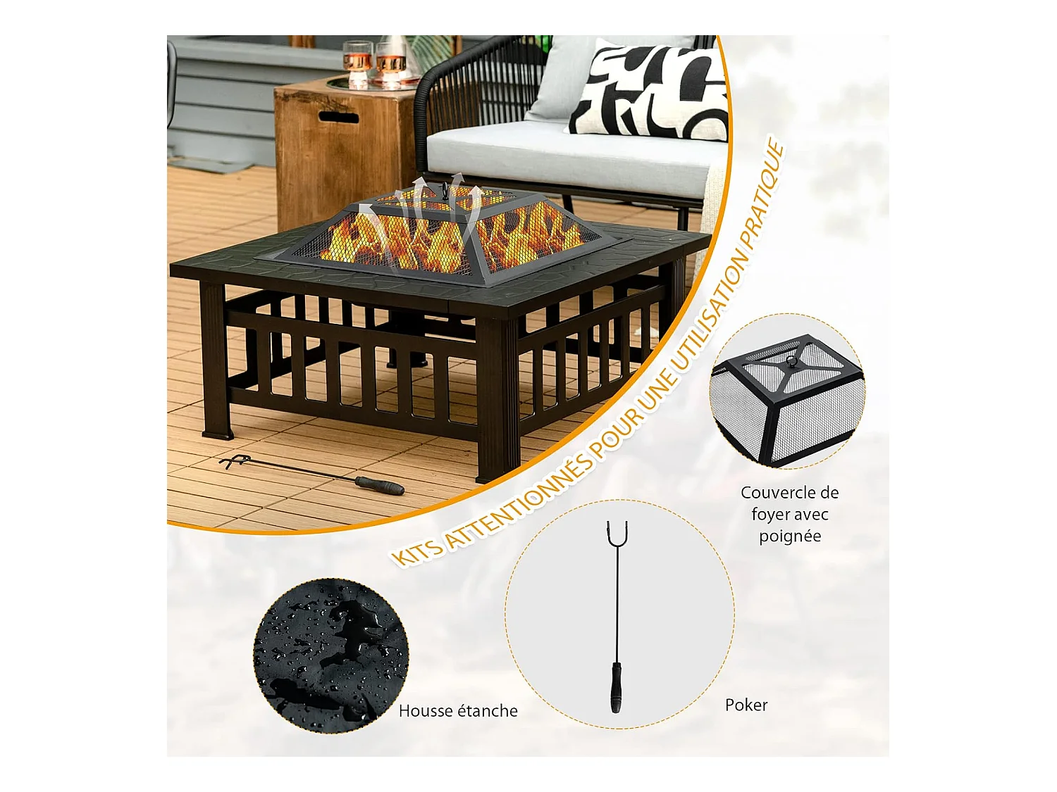 Brasero Jardin Multifonctions 81 x 81 x 50 cm avec Pare-étincelles,Grille Porte-bûches,Gril pour BBQ Tisonnier en Acier Noir