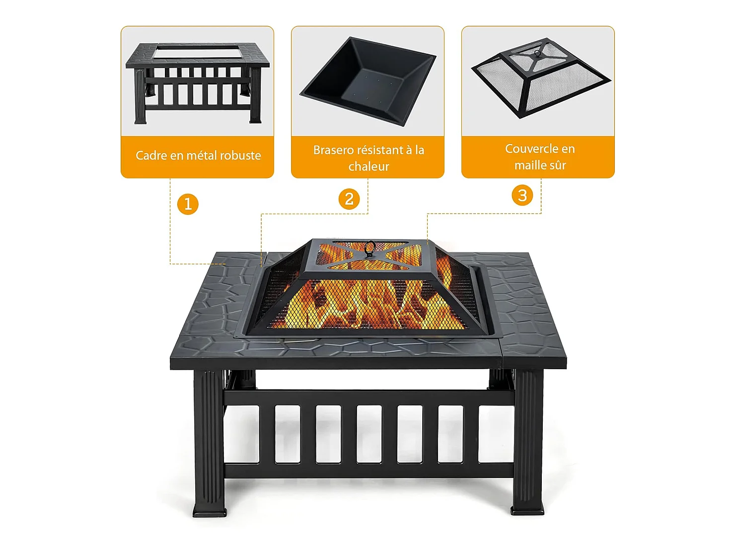 Brasero Jardin Multifonctions 81 x 81 x 50 cm avec Pare-étincelles,Grille Porte-bûches,Gril pour BBQ Tisonnier en Acier Noir