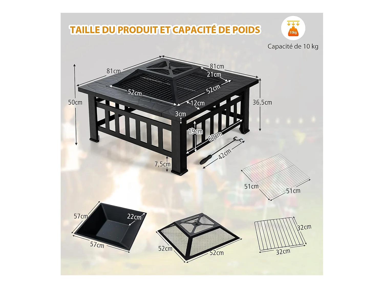 Brasero Jardin Multifonctions 81 x 81 x 50 cm avec Pare-étincelles,Grille Porte-bûches,Gril pour BBQ Tisonnier en Acier Noir
