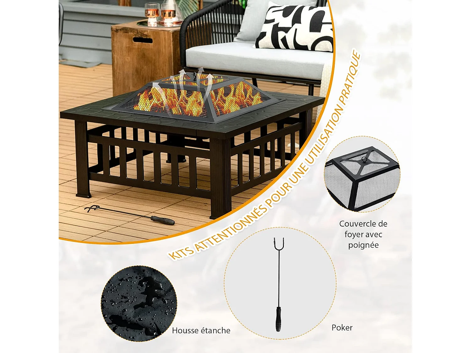 Brasero Jardin Multifonctions 81 x 81 x 50 cm avec Pare-étincelles,Grille Porte-bûches,Gril pour BBQ Tisonnier en Acier Noir