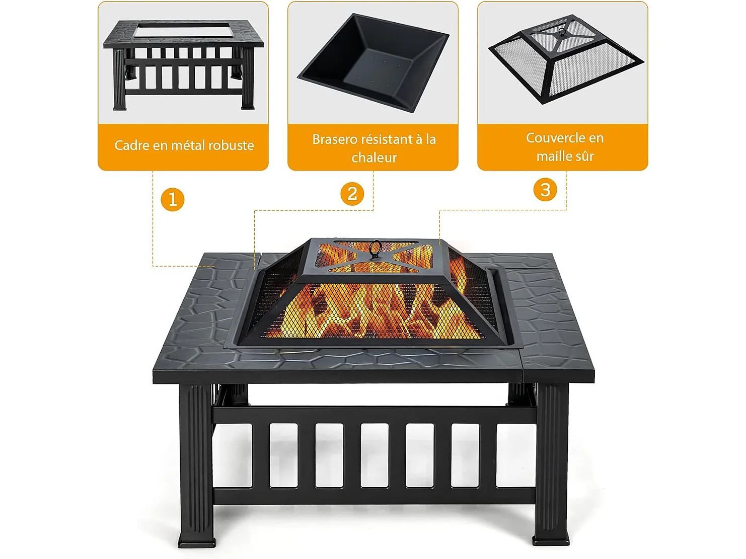 Brasero Jardin Multifonctions 81 x 81 x 50 cm avec Pare-étincelles,Grille Porte-bûches,Gril pour BBQ Tisonnier en Acier Noir