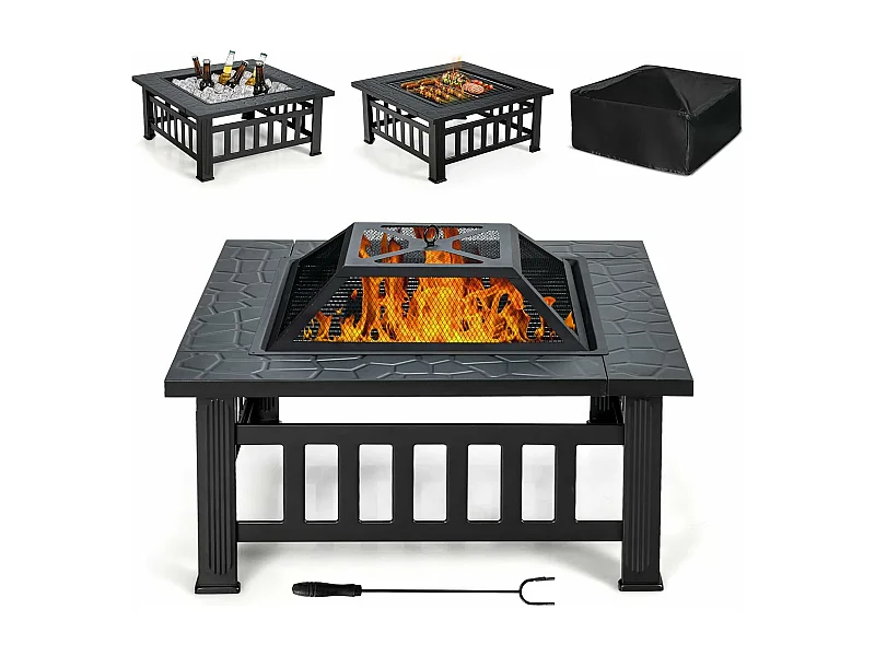 Brasero Jardin Multifonctions 81 x 81 x 50 cm avec Pare-étincelles,Grille Porte-bûches,Gril pour BBQ Tisonnier en Acier Noir