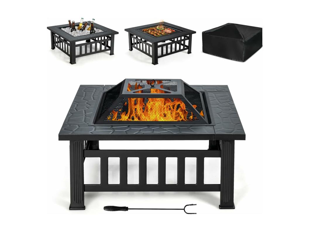 Brasero Jardin Multifonctions 81 x 81 x 50 cm avec Pare-étincelles,Grille Porte-bûches,Gril pour BBQ Tisonnier en Acier Noir