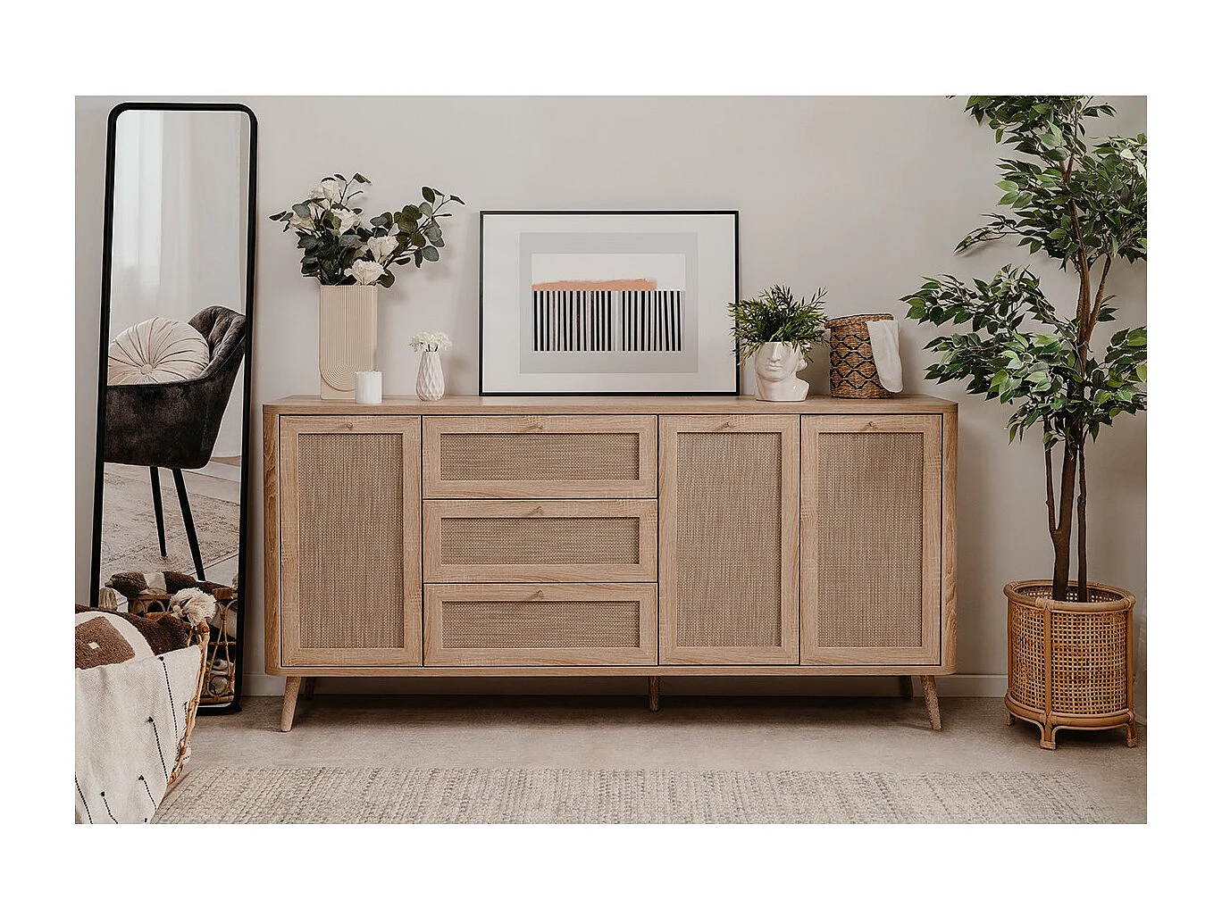 Buffet avec cannage 3 portes 3 tiroirs Kuta - L175 cm