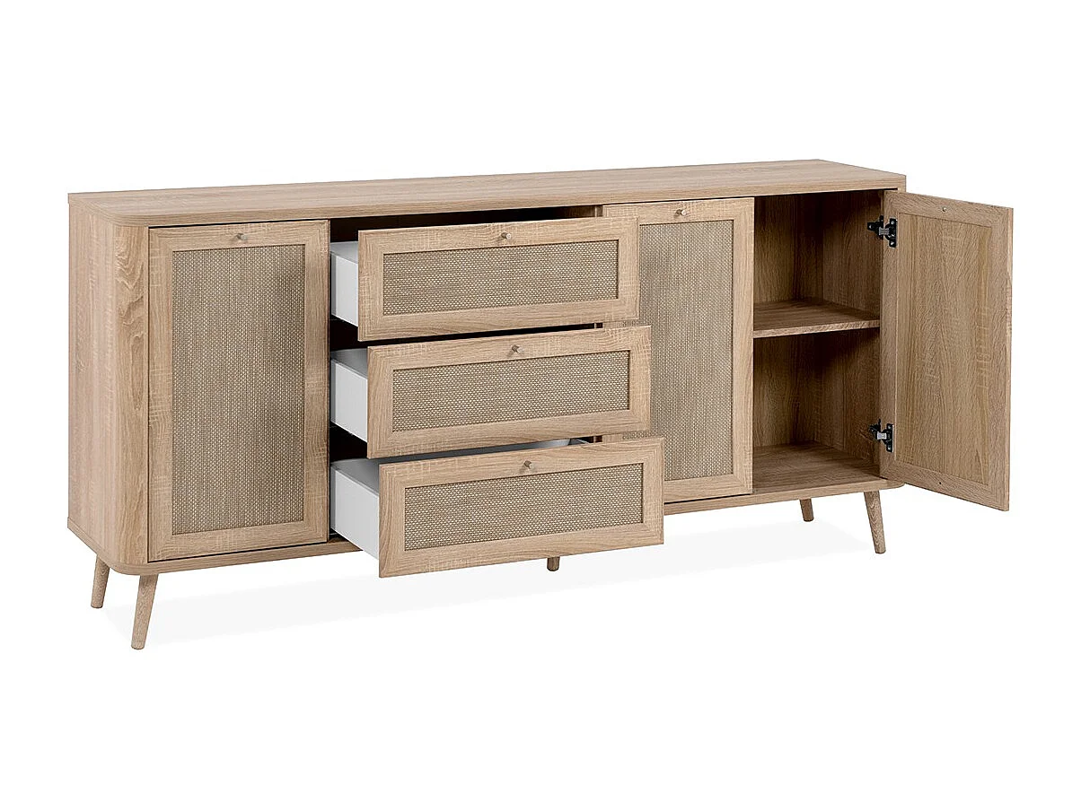 Buffet avec cannage 3 portes 3 tiroirs Kuta - L175 cm