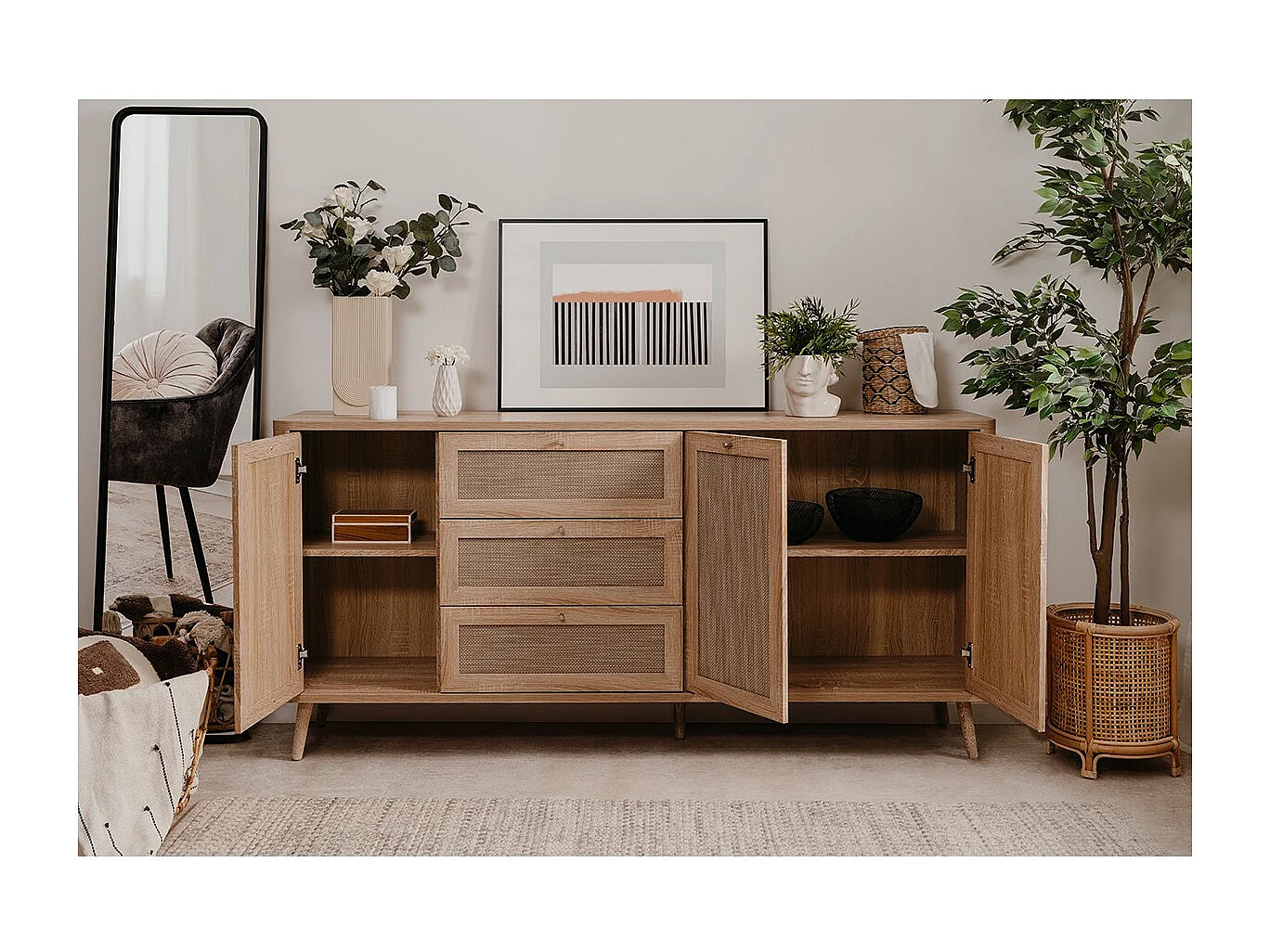 Buffet avec cannage 3 portes 3 tiroirs Kuta - L175 cm