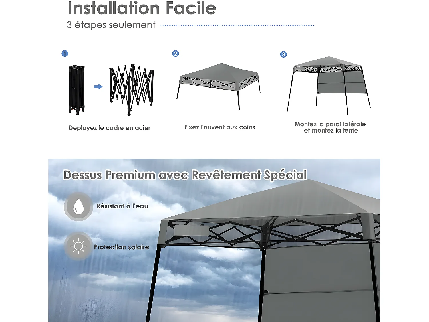 Tonnelle Pliante 181 x 181 cm/Tente d'Extérieur pour Protection Solaire-Portable et Léger Abri avec Sac à Dos pour CamBoisg, Fête, BarbecueGris