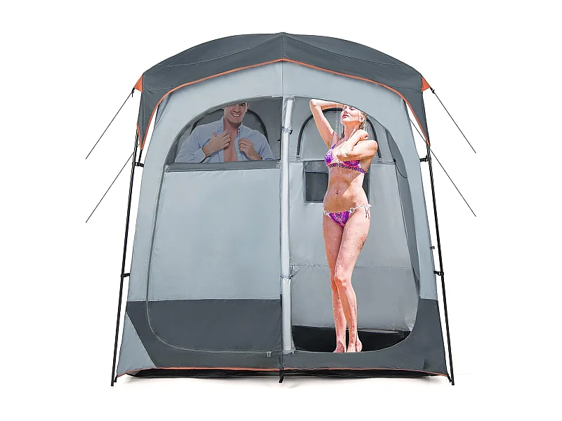 Tente Cabine de Douche Portable 2 Personnes en 2 Parties avec Bâche de Pluie Amovible Corde à Linge, Crochet 210x107x210 cm