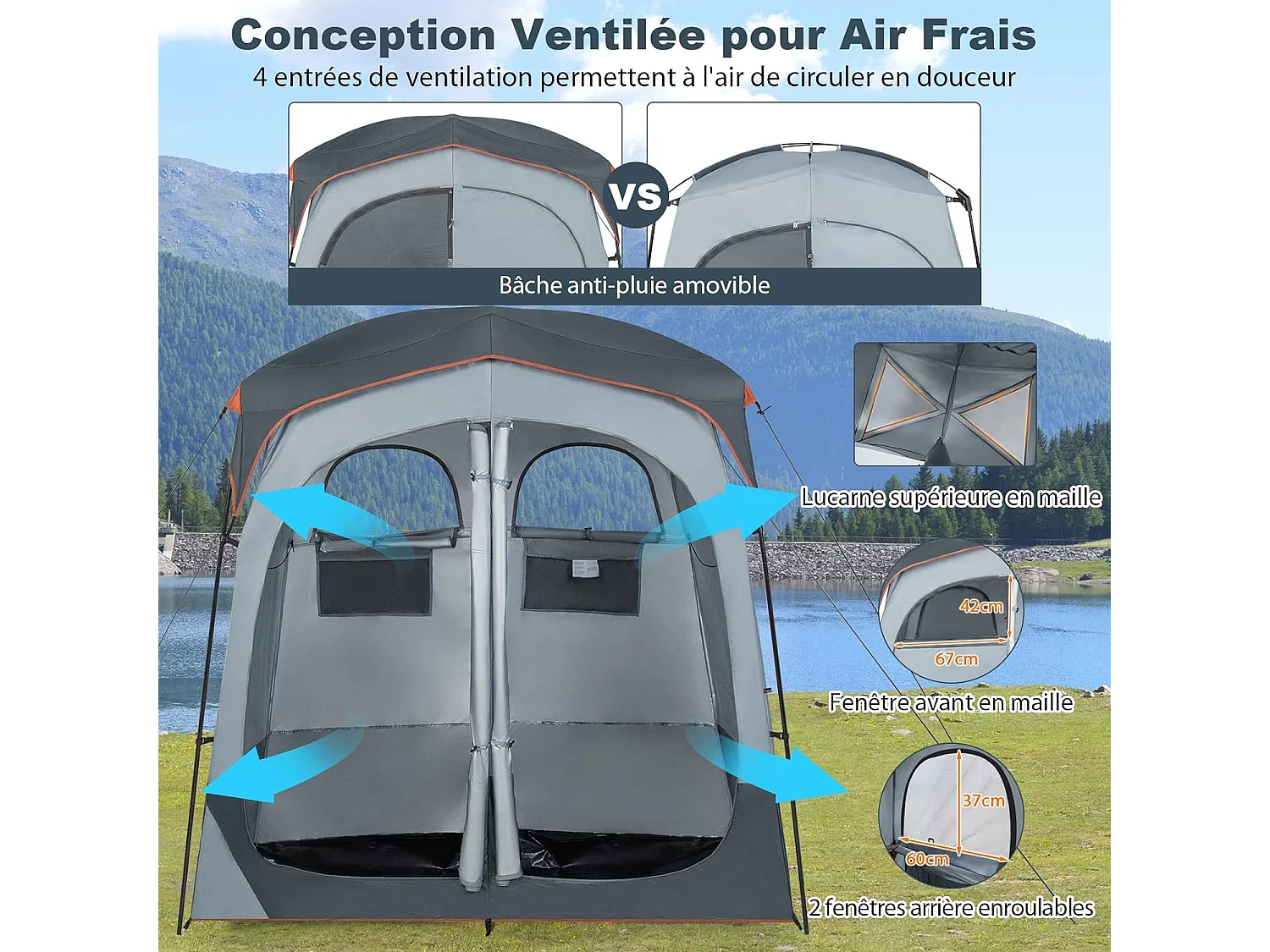 Tente Cabine de Douche Portable 2 Personnes en 2 Parties avec Bâche de Pluie Amovible Corde à Linge, Crochet 210x107x210 cm