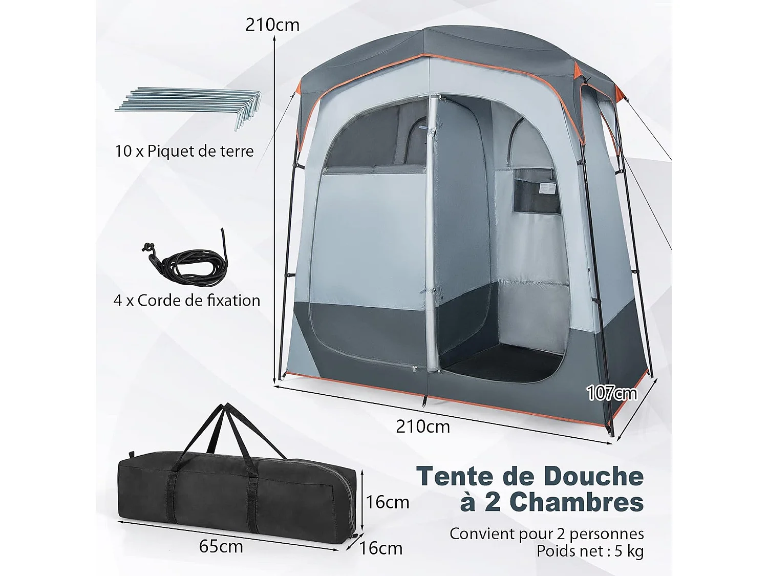 Tente Cabine de Douche Portable 2 Personnes en 2 Parties avec Bâche de Pluie Amovible Corde à Linge, Crochet 210x107x210 cm