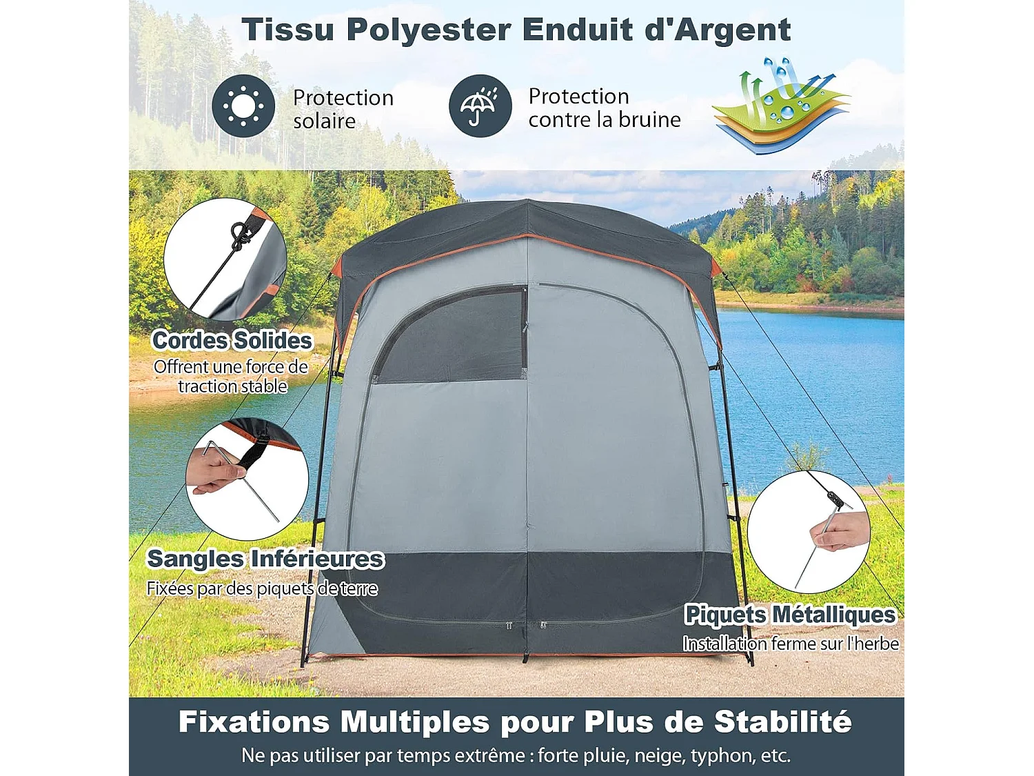 Tente Cabine de Douche Portable 2 Personnes en 2 Parties avec Bâche de Pluie Amovible Corde à Linge, Crochet 210x107x210 cm