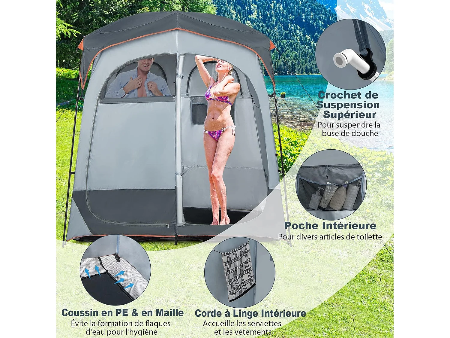 Tente Cabine de Douche Portable 2 Personnes en 2 Parties avec Bâche de Pluie Amovible Corde à Linge, Crochet 210x107x210 cm