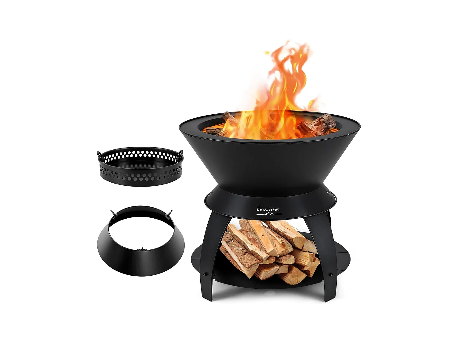 Brasero Foyer de Terrasse 3 en 1 de 50CM, Bol de Feu de CamBoisg en Métal avec Support de Casserole et Étagère de Rangement, Combustion sans Fumée Enrichie en Oxygène
