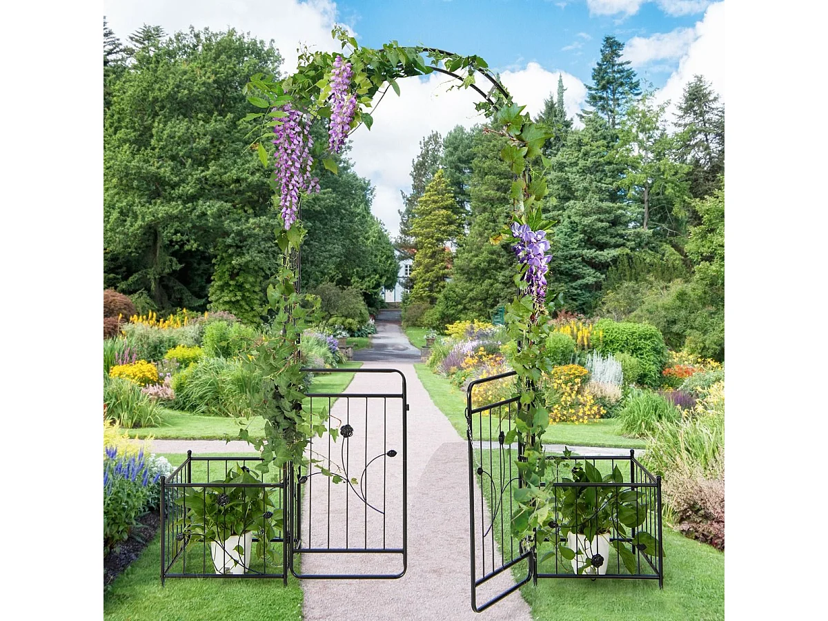 Arche de Jardin de 220 cm avec 2 Bacs Jardinière et Treillis, Pergola avec Tubes Métalliques Portail Verrouillable, Décoration pour Mariage Fête