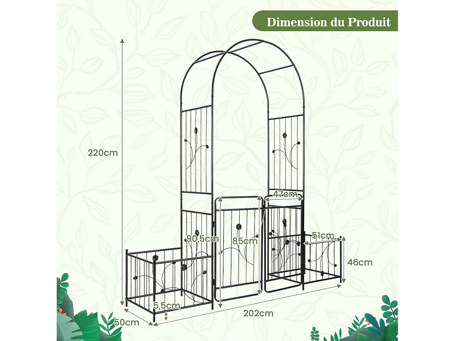 Arche de Jardin de 220 cm avec 2 Bacs Jardinière et Treillis, Pergola avec Tubes Métalliques Portail Verrouillable, Décoration pour Mariage Fête
