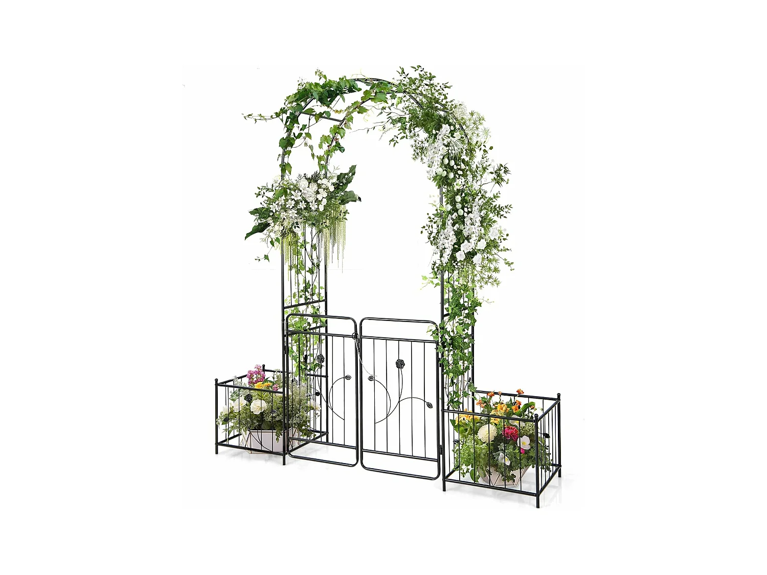 Arche de Jardin de 220 cm avec 2 Bacs Jardinière et Treillis, Pergola avec Tubes Métalliques Portail Verrouillable, Décoration pour Mariage Fête