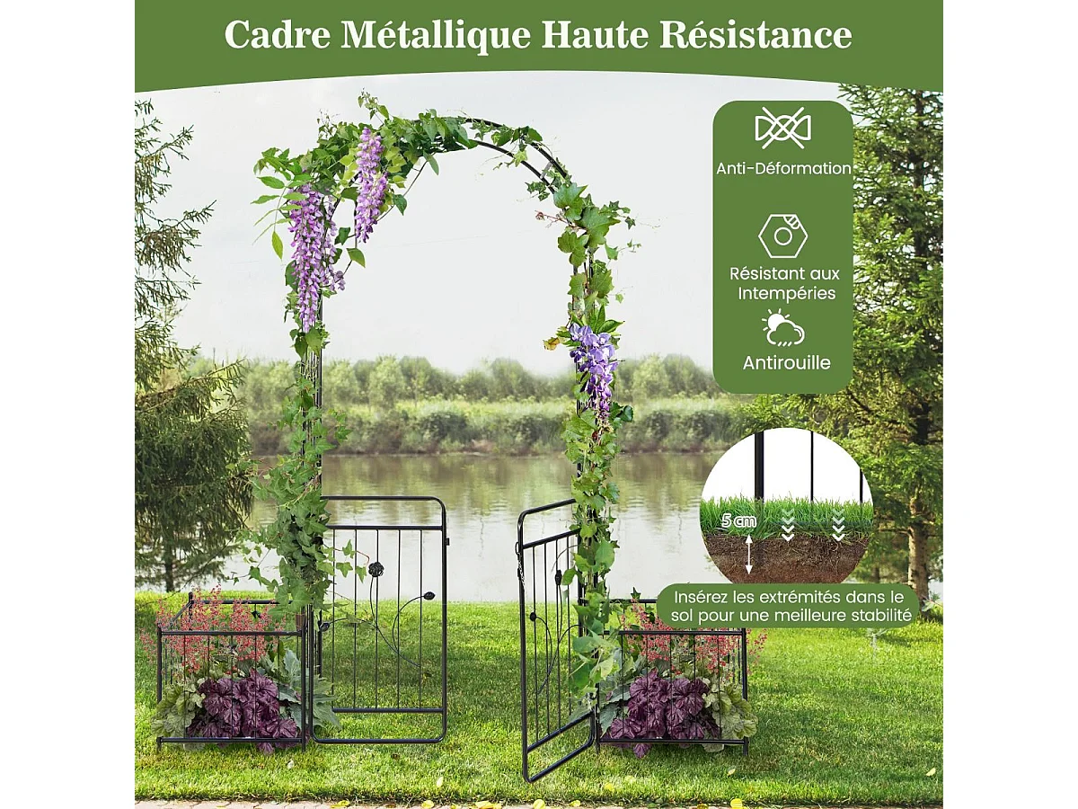 Arche de Jardin de 220 cm avec 2 Bacs Jardinière et Treillis, Pergola avec Tubes Métalliques Portail Verrouillable, Décoration pour Mariage Fête