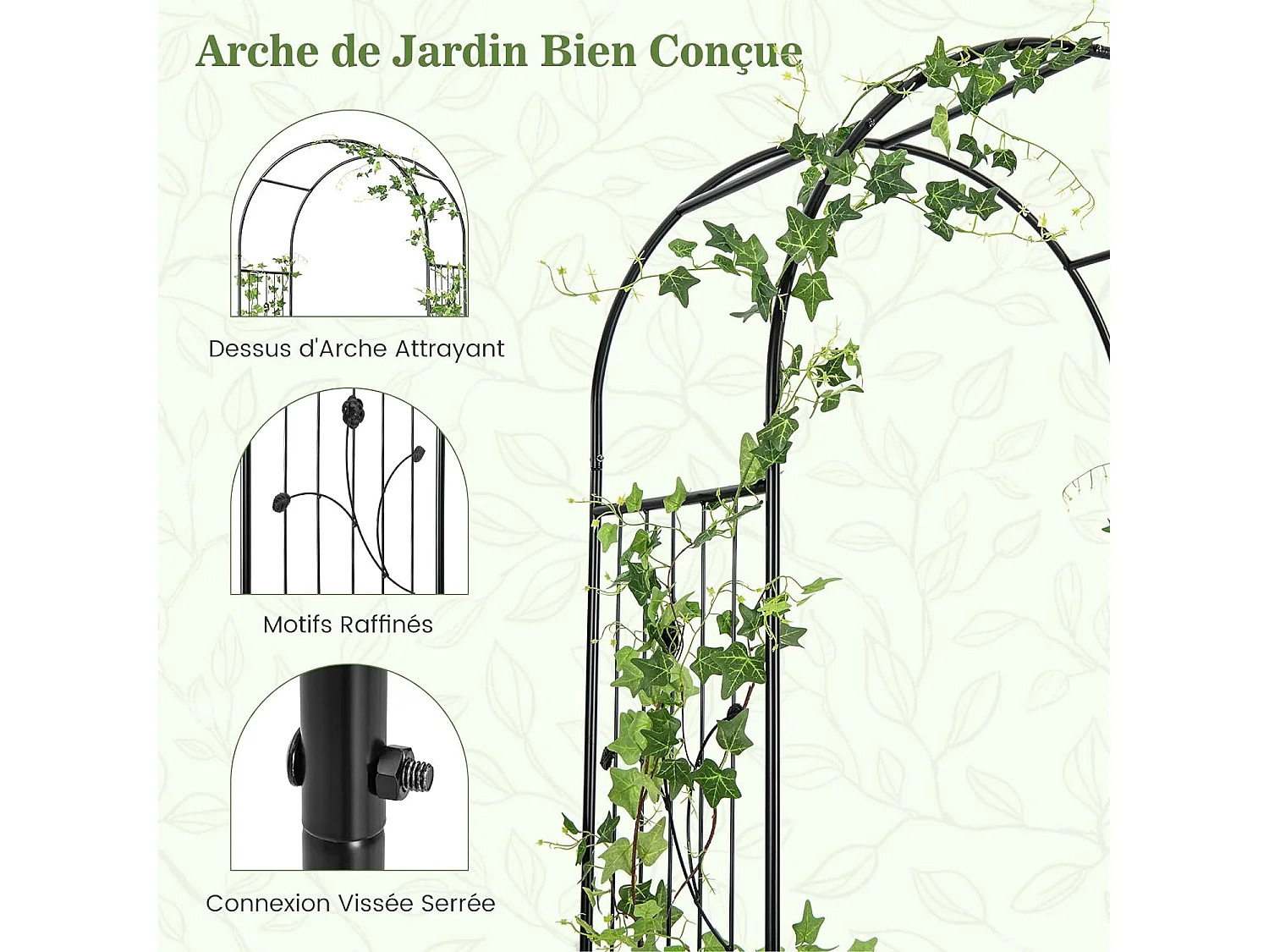 Arche de Jardin de 220 cm avec 2 Bacs Jardinière et Treillis, Pergola avec Tubes Métalliques Portail Verrouillable, Décoration pour Mariage Fête